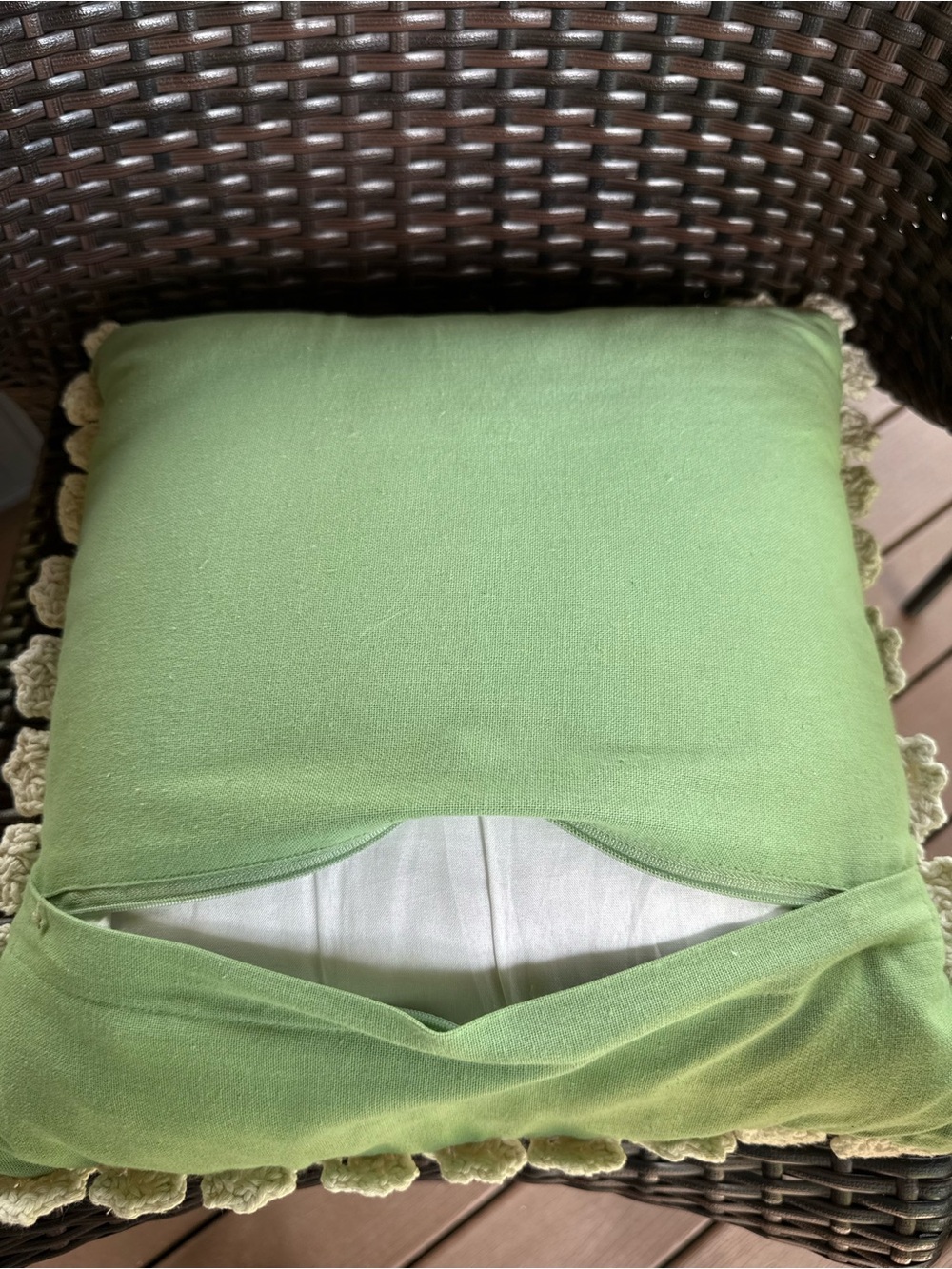 London Kaye Handmade Crocheted Peace Sign Pillow - Green on Cream - Picture 4 of 5